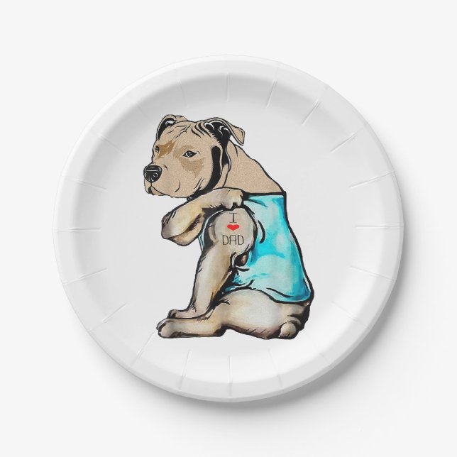 Pitbull Dog I Love Dad Tattoo Funny Family Paper Plates (Front)