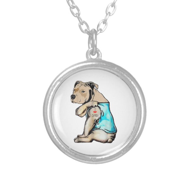 Pitbull Dog I Love Dad Tattoo Funny Family Silver Plated Necklace (Front)
