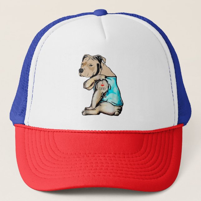 Pitbull Dog I Love Dad Tattoo Funny Family Trucker Hat (Front)