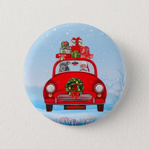 Pitbull Dog In Car With Santa Claus  Button