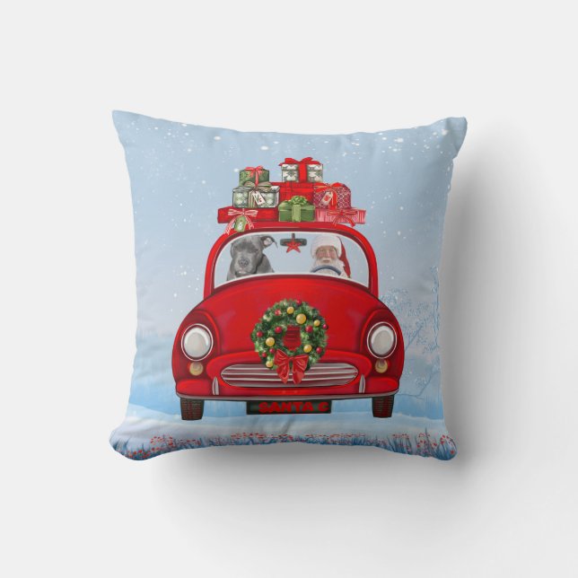 Pitbull Dog In Car With Santa Claus Throw Pillow (Front)
