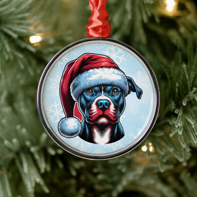 Pitbull Dog in Santa Hat Christmas  Metal Ornament (Tree)
