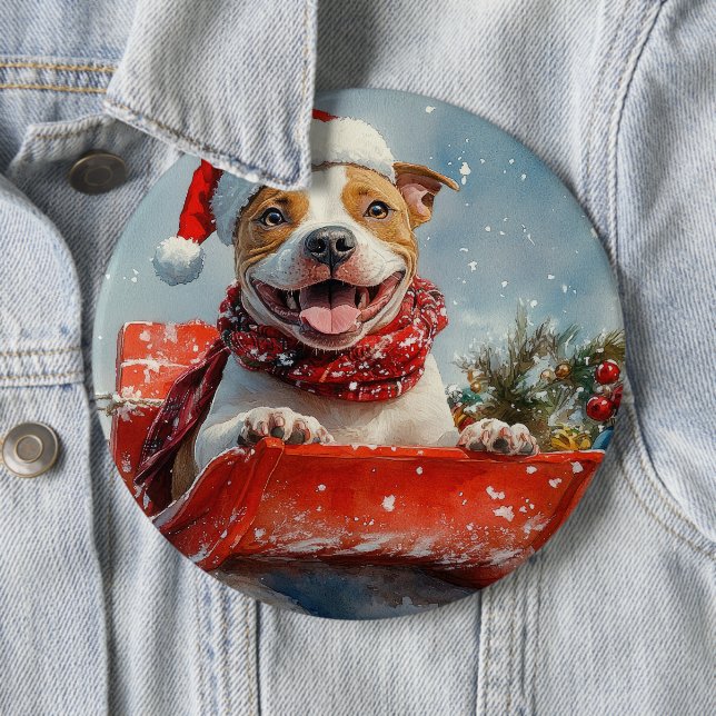 Pitbull Dog in Sledge Let it Snow Christmas Button (In Situ)