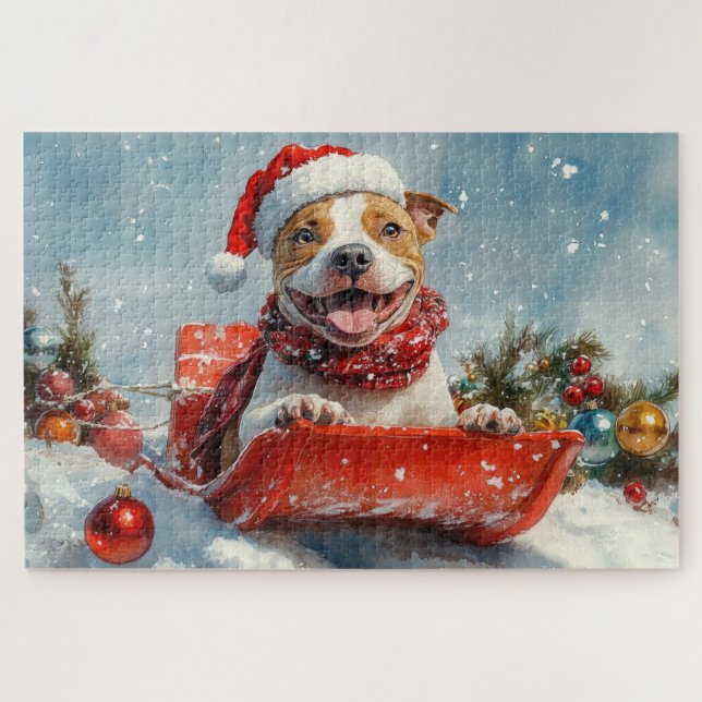 Pitbull Dog in Sledge Let it Snow Christmas Jigsaw Puzzle (Horizontal)