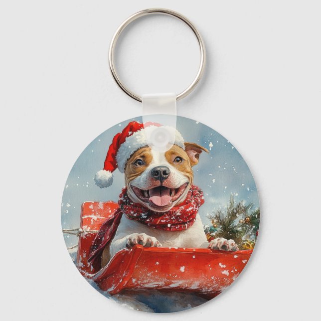 Pitbull Dog in Sledge Let it Snow Christmas Keychain (Front)