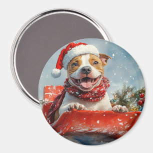 Pitbull Dog in Sledge Let it Snow Christmas Magnet