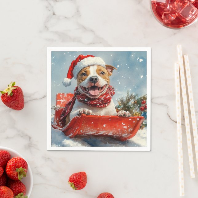 Pitbull Dog in Sledge Let it Snow Christmas Napkins (Insitu)