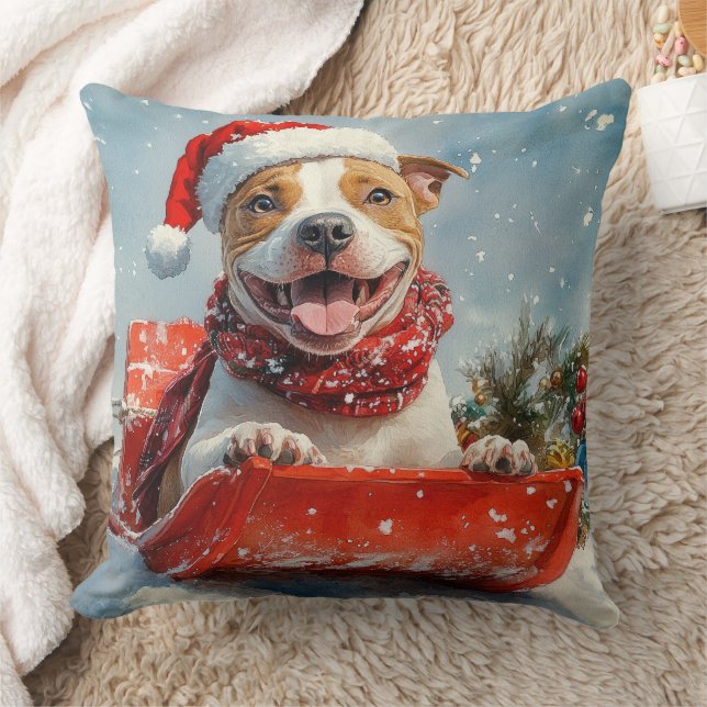 Pitbull Dog in Sledge Let it Snow Christmas Throw Pillow (Blanket)