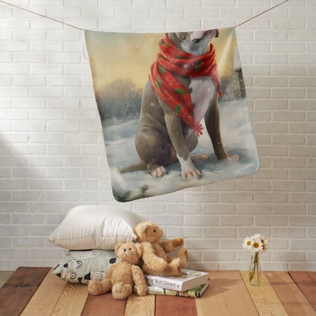Pitbull Dog in Snow Christmas Baby Blanket (In Situ)