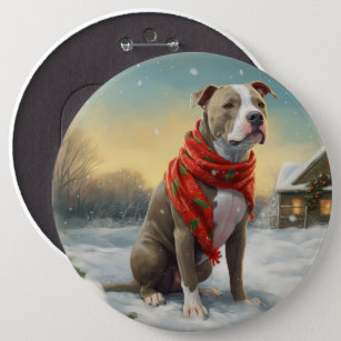 Pitbull Dog in Snow Christmas Button