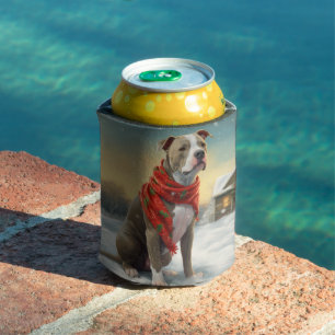 Pitbull Dog in Snow Christmas Can Cooler