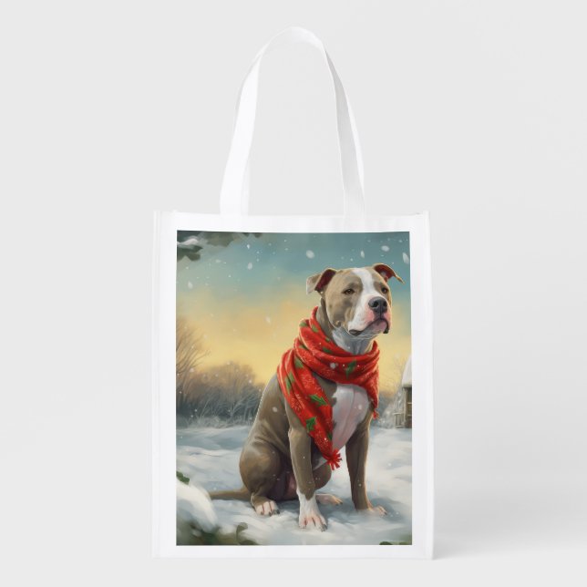 Pitbull Dog in Snow Christmas Grocery Bag (Front)