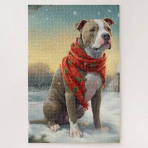 Pitbull Dog in Snow Christmas Jigsaw Puzzle
