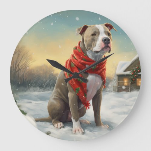 Pitbull Dog in Snow Christmas Large Clock