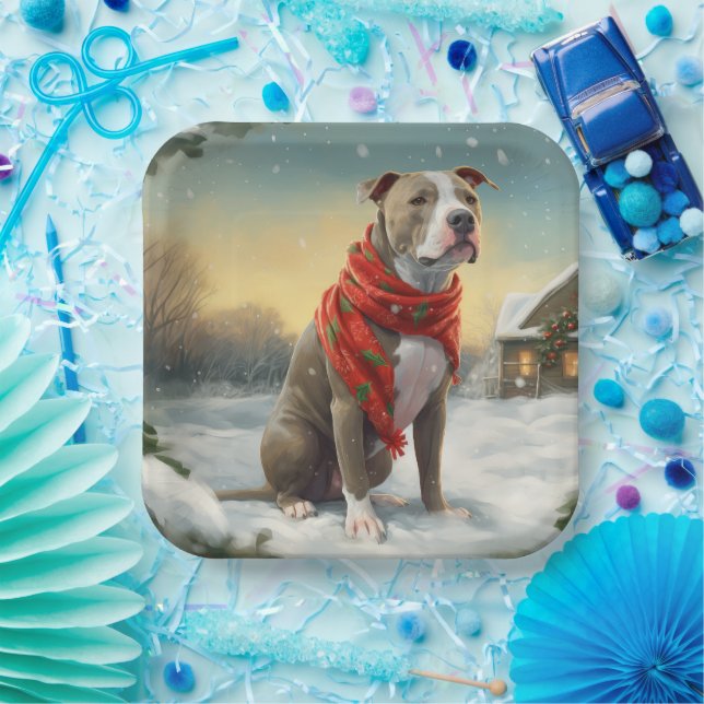 Pitbull Dog in Snow Christmas Paper Plates (Party)