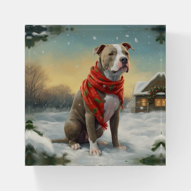 Pitbull Dog in Snow Christmas Paperweight (Front)