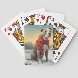 Pitbull Dog in Snow Christmas Poker Cards