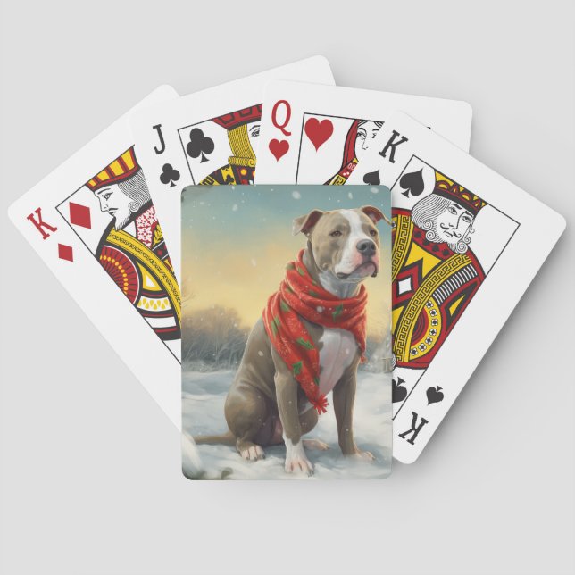 Pitbull Dog in Snow Christmas Poker Cards (Back)