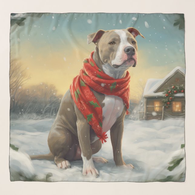 Pitbull Dog in Snow Christmas Scarf (Front)