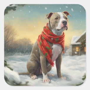 Pitbull Dog in Snow Christmas Square Sticker