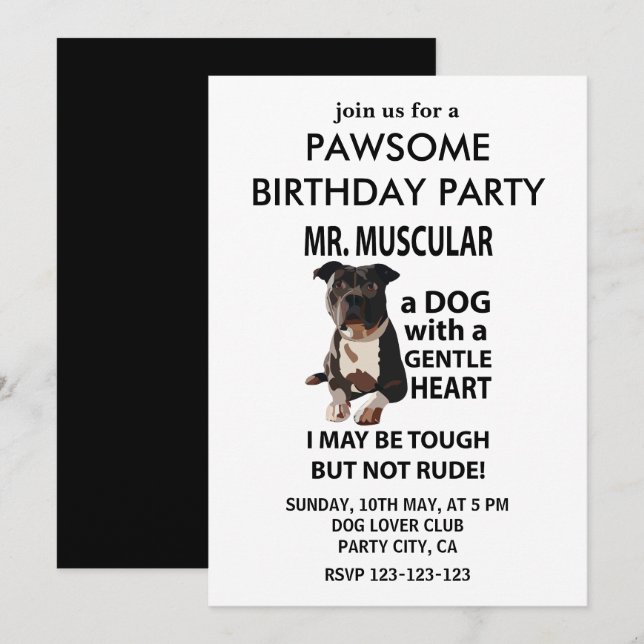 Pitbull Dog Pet Birthday Party Invitation (Front/Back)