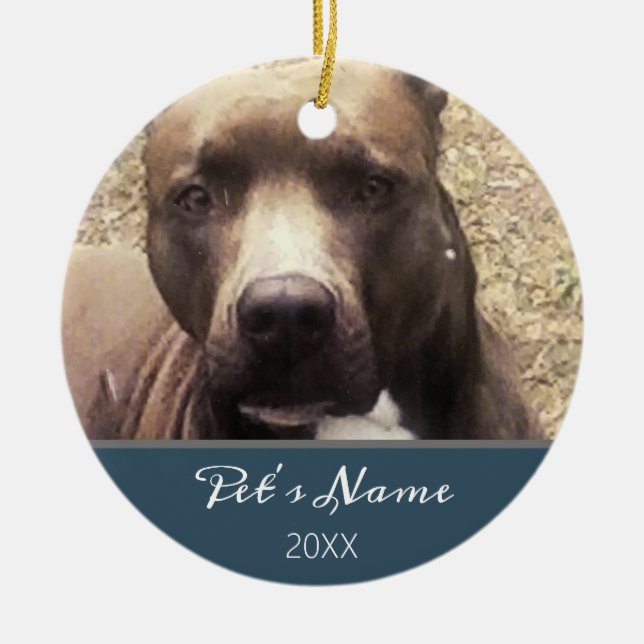 Pitbull Dog Pet Photo Blue Christmas Personalized  Ceramic Ornament (Front)