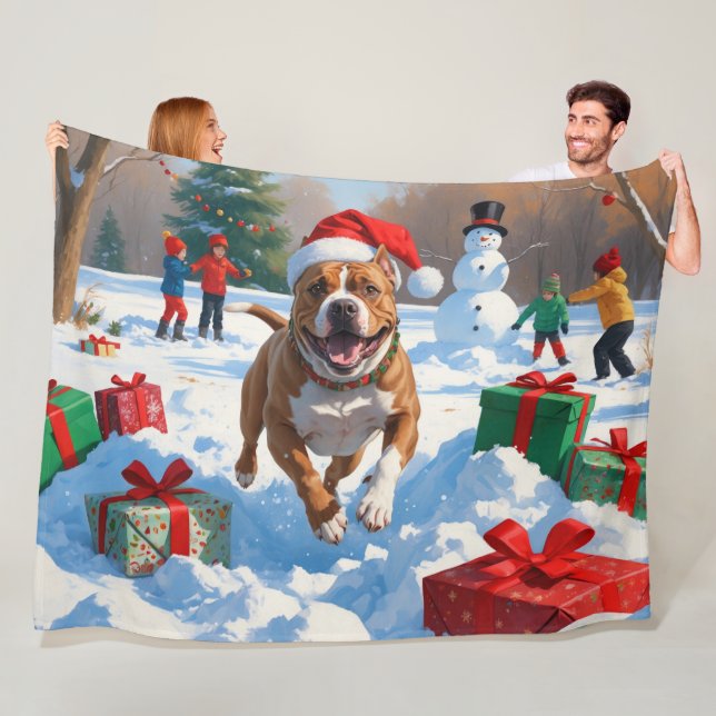 Pitbull Dog Running in Snow with Christmas Hat Fleece Blanket (In Situ)