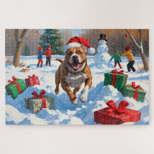 Pitbull Dog Running in Snow with Christmas Hat Jigsaw Puzzle