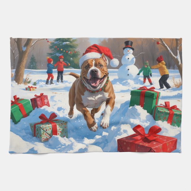 Pitbull Dog Running in Snow with Christmas Hat Kitchen Towel (Horizontal)
