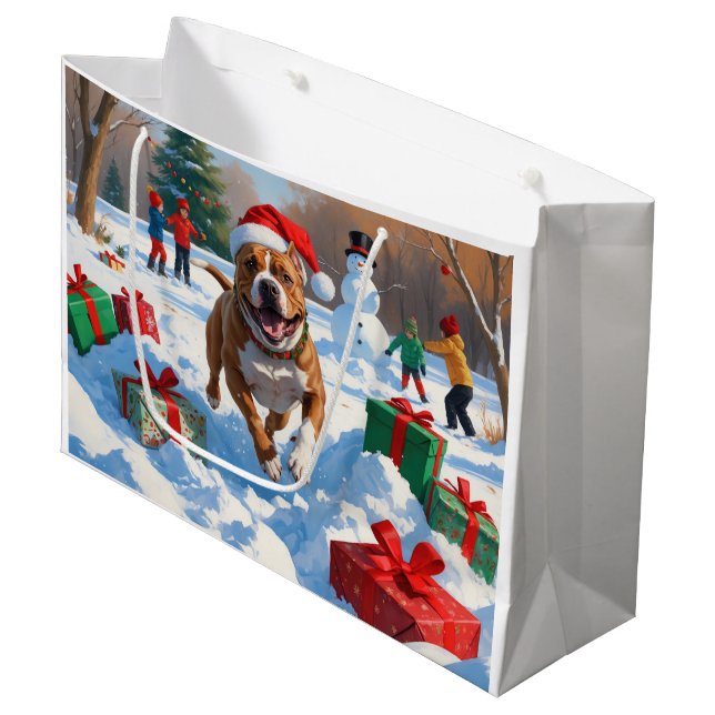 Pitbull Dog Running in Snow with Christmas Hat Large Gift Bag (Front Angled)