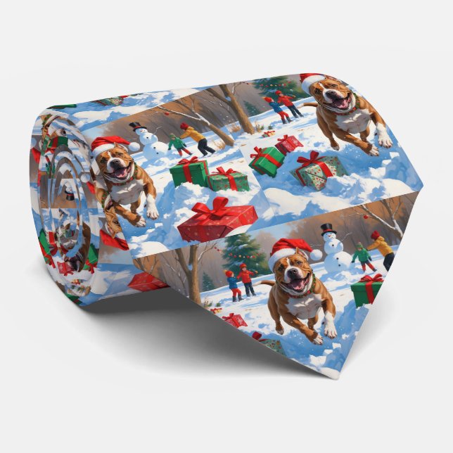 Pitbull Dog Running in Snow with Christmas Hat Neck Tie (Rolled)