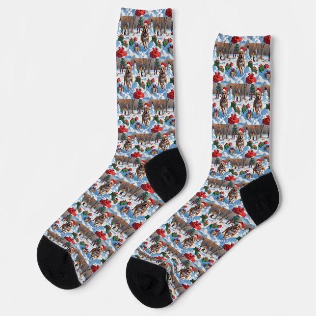 Pitbull Dog Running in Snow with Christmas Hat Socks (Left)