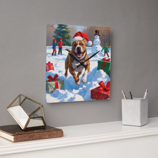 Pitbull Dog Running in Snow with Christmas Hat Square Wall Clock (Office)