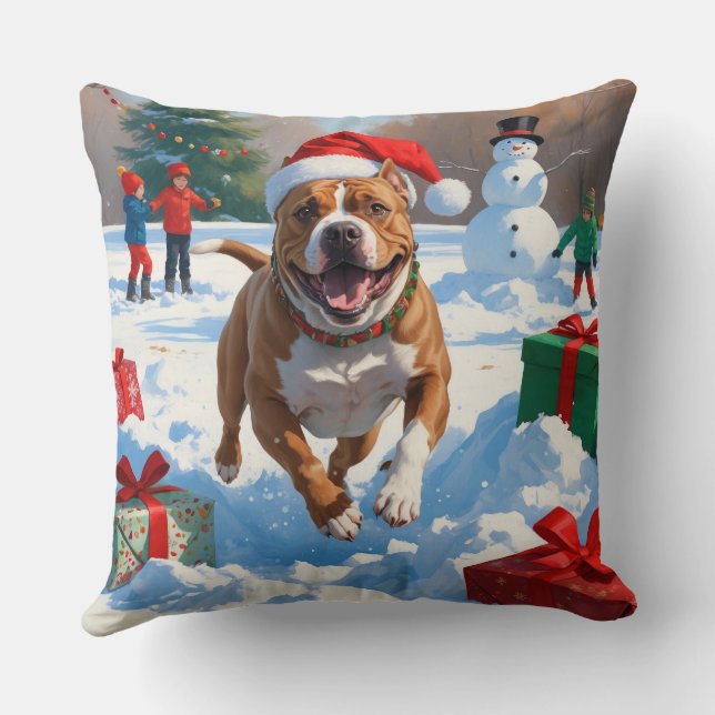 Pitbull Dog Running in Snow with Christmas Hat Throw Pillow (Back)