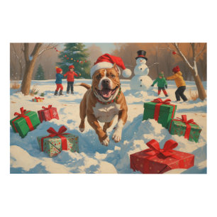 Pitbull Dog Running in Snow with Christmas Hat Wood Wall Art