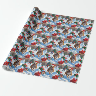Pitbull Dog Running in Snow with Christmas Hat Wrapping Paper