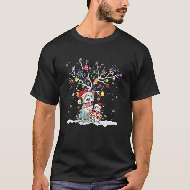 Pitbull Dog Santa Hat Christmas Lights Xmas Tree O T-Shirt (Front)
