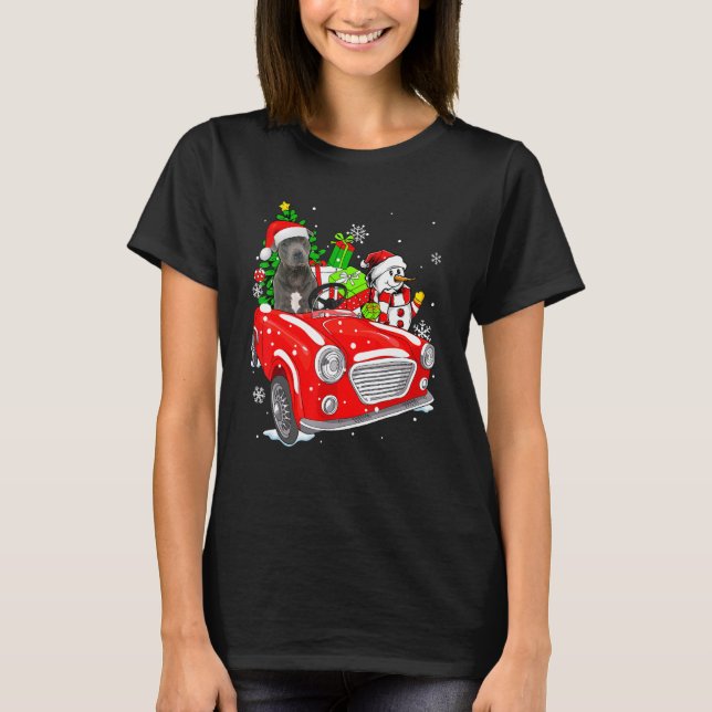 Pitbull Dog Santa Hat Red Car Christmas T-Shirt (Front)
