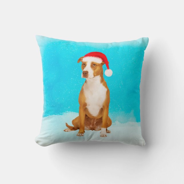 Pitbull Dog Sitting In Snow Christmas Holiday Throw Pillow (Front)