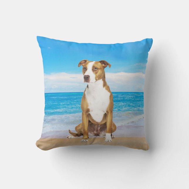 Pitbull Dog Sitting On Beach Throw Pillow (Front)