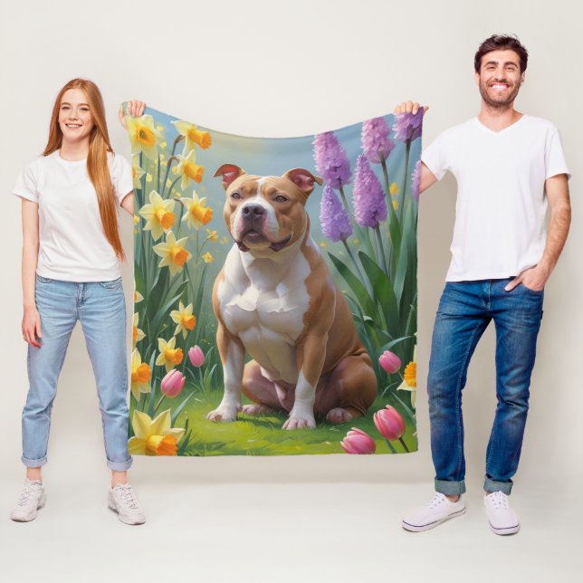 Pitbull Dog Spring Flowers Painting  Fleece Blanket (In Situ)