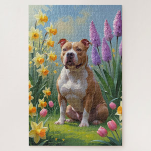 Pitbull Dog Spring Flowers Painting Jigsaw Puzzle