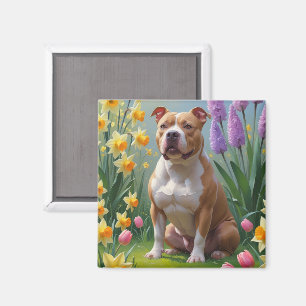 Pitbull Dog Spring Flowers Painting  Magnet