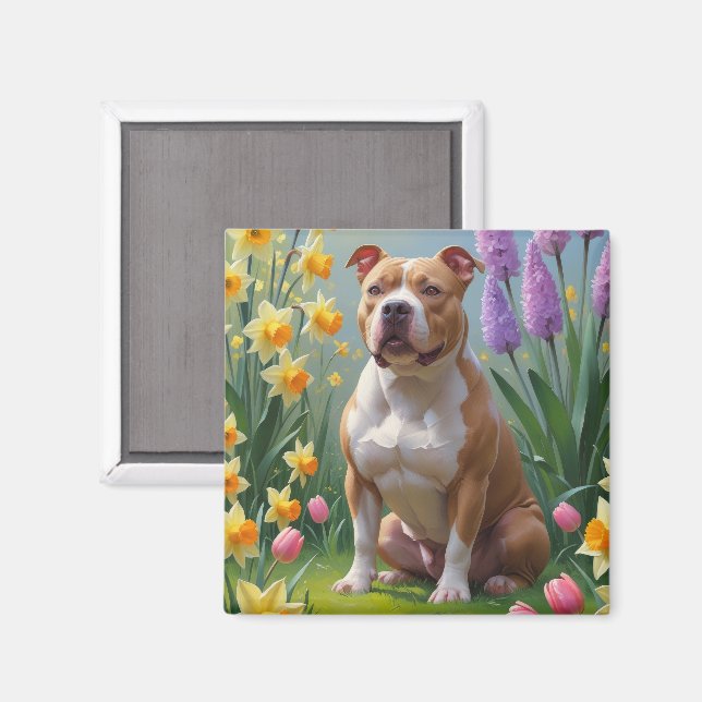 Pitbull Dog Spring Flowers Painting  Magnet (Front/Back)