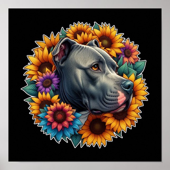 Pitbull Dog Surrounded by Vibrant Sunflowers Poster (Front)