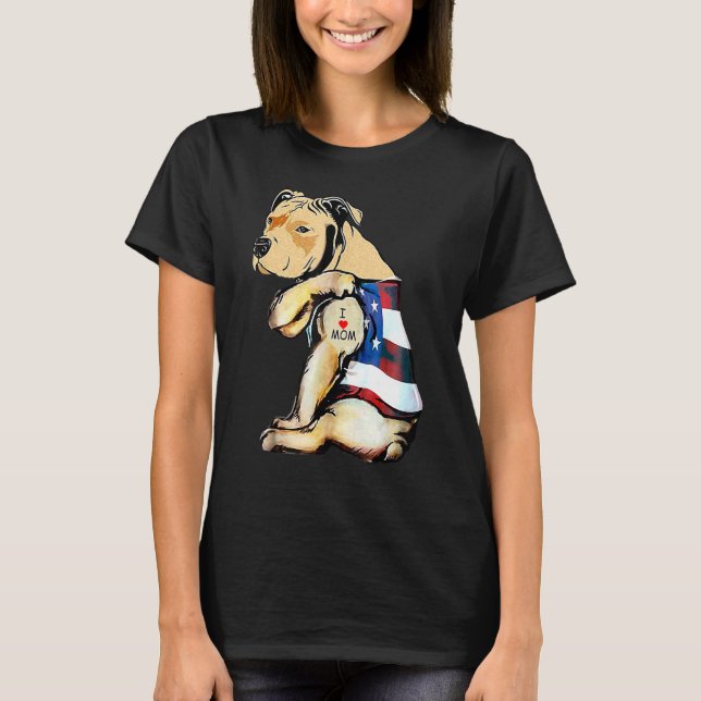 Pitbull Dog Tattoo I Love Mom Mother's Day T-Shirt (Front)