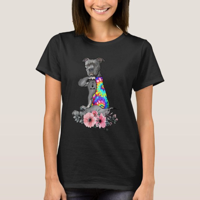 Pitbull Dog Tattoo I Love Mom Mother's Day T-Shirt (Front)