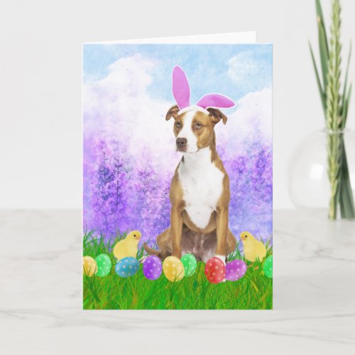 Pitbull Dog with Easter Eggs Bunny Chicks Holiday Card