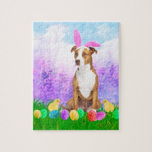 Pitbull Dog with Easter Eggs Bunny Chicks Jigsaw Puzzle