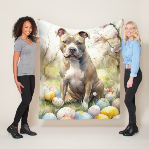 Pitbull Dog with Easter Eggs Holiday Fleece Blanket
